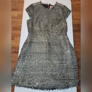 NWT Kate Spade Black & Gold Tweed Fringed Accent Party Shift Dress Size 14